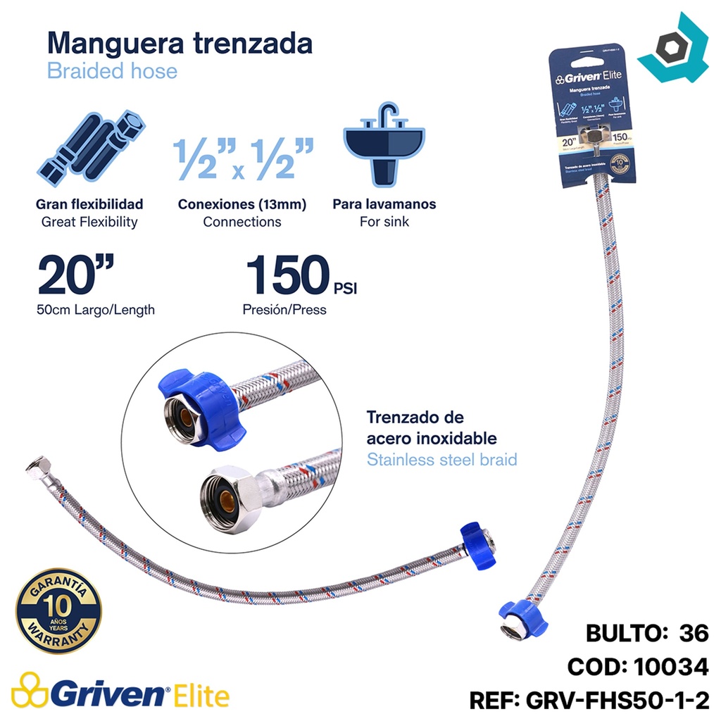 MANGUERA FLEXIBLE 1/2" X 1/2" PARA PLOMERIA GRIVEN ELITE