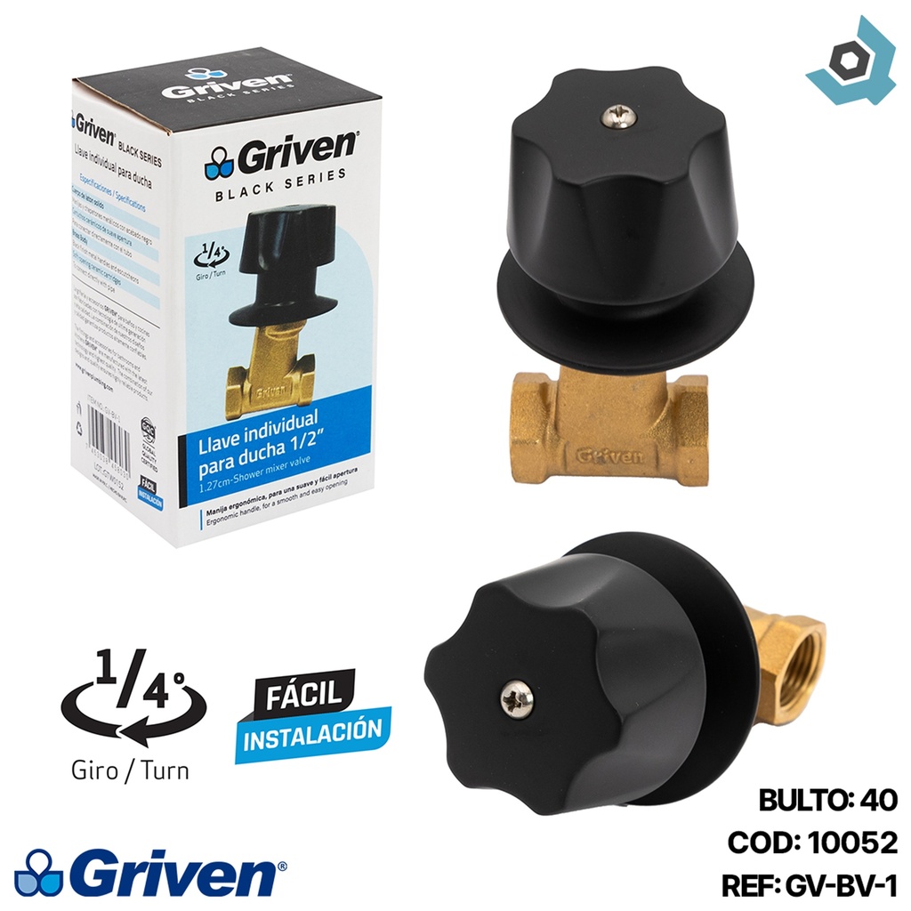 LLAVE PARA DUCHA 1/2" INDIVIDUAL GRIVEN BLACK