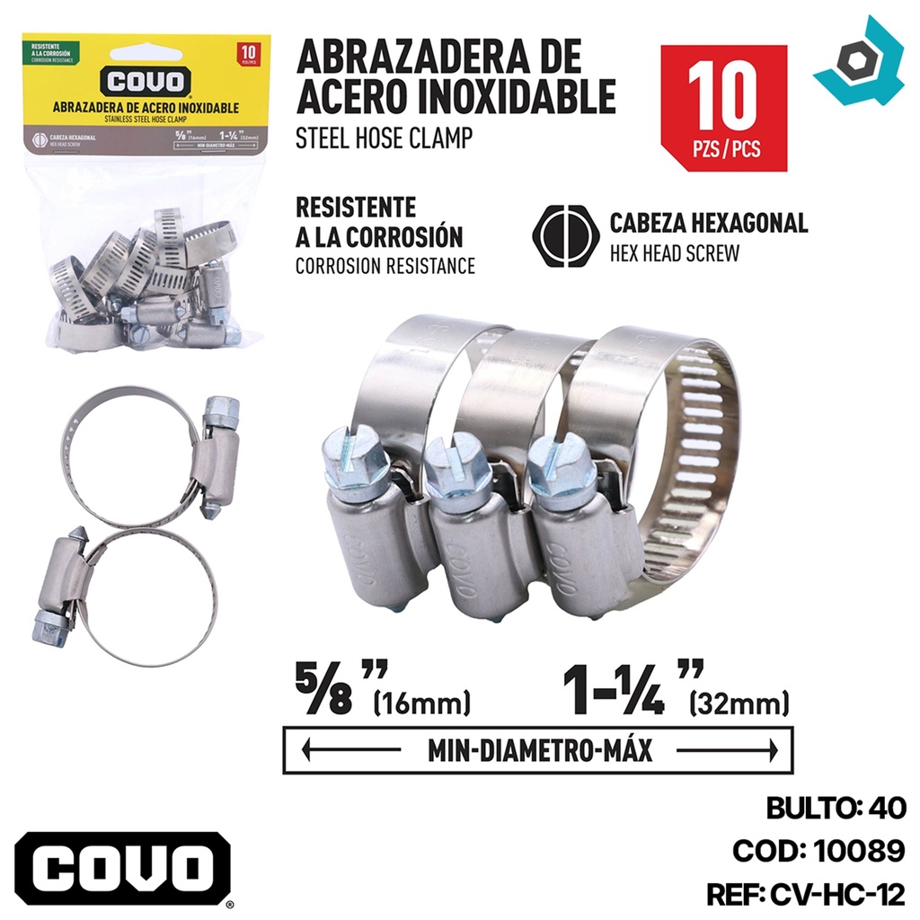 ABRAZADERAS 5/8" A 1 1/4" DE ACERO INOXIDABLE COVO