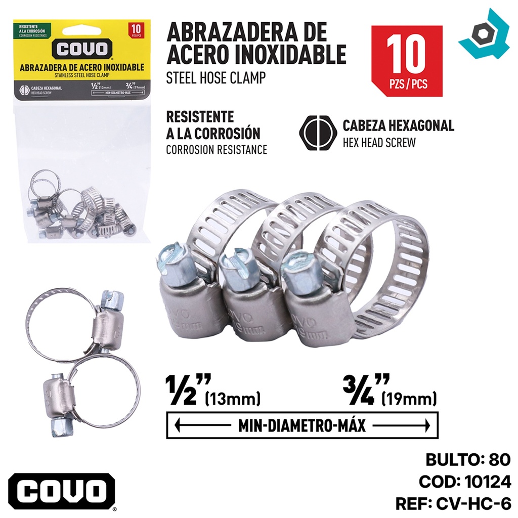 ABRAZADERAS 1/2" A 3/4" DE ACERO INOXIDABLE COVO