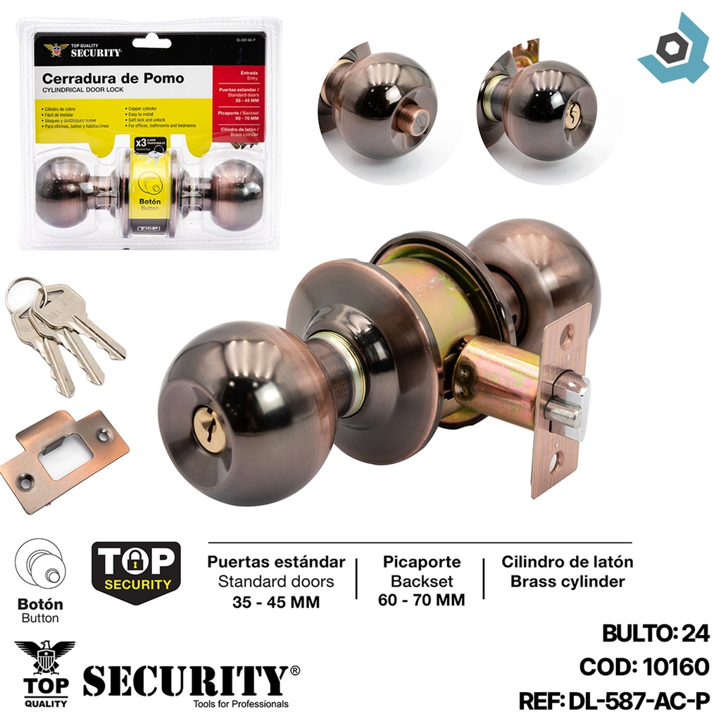 CERRADURA PARA DORMITORIO DE POMO BRONCE SECURITY