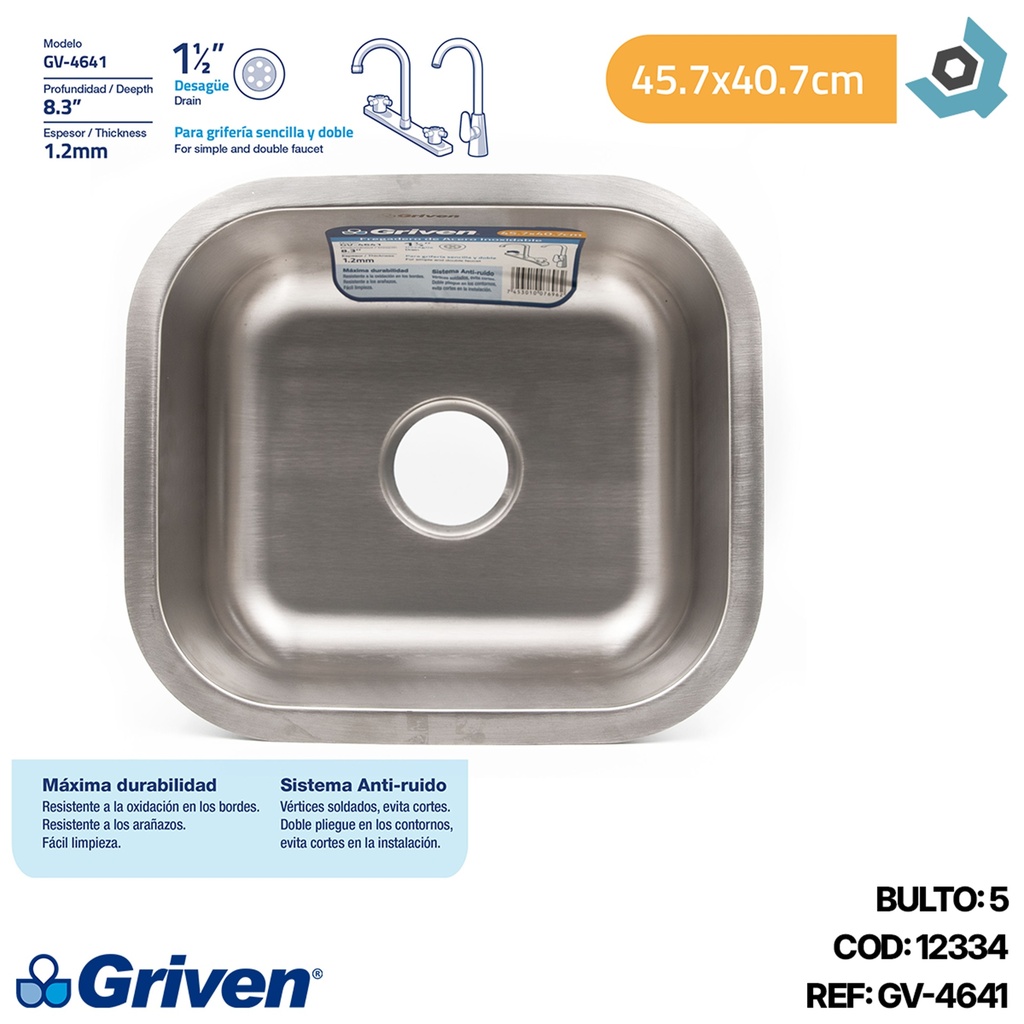 FREGADERO INDIVIDUAL 45.7X40.7CM ACERO INOXIDABLE GRIVEN