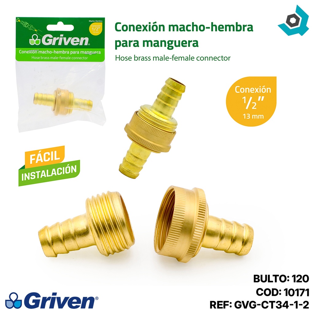 CONECTOR PARA MANGUERAS 1/2" DE BRONCE GRIVEN