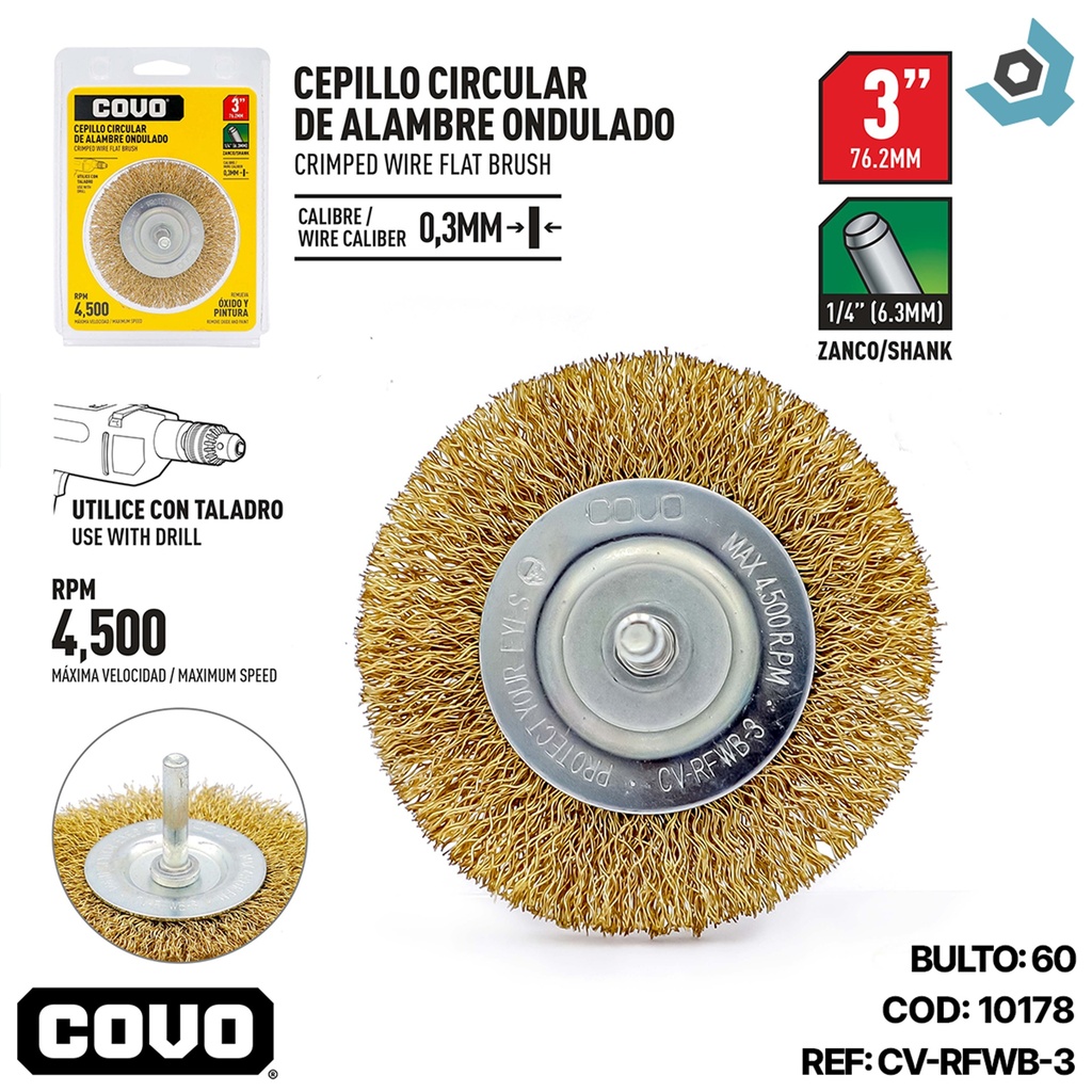 DISCO CEPILLO PLANO DE ALAMBRE 3" X 1/4" COVO