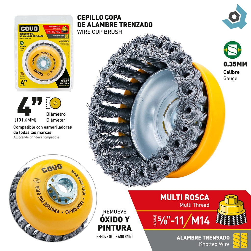 DISCO CEPILLO DE COPA DE ALAMBRE TRENSADO MULTIROSCA 4" X 5/8"-11 Y M14 COVO