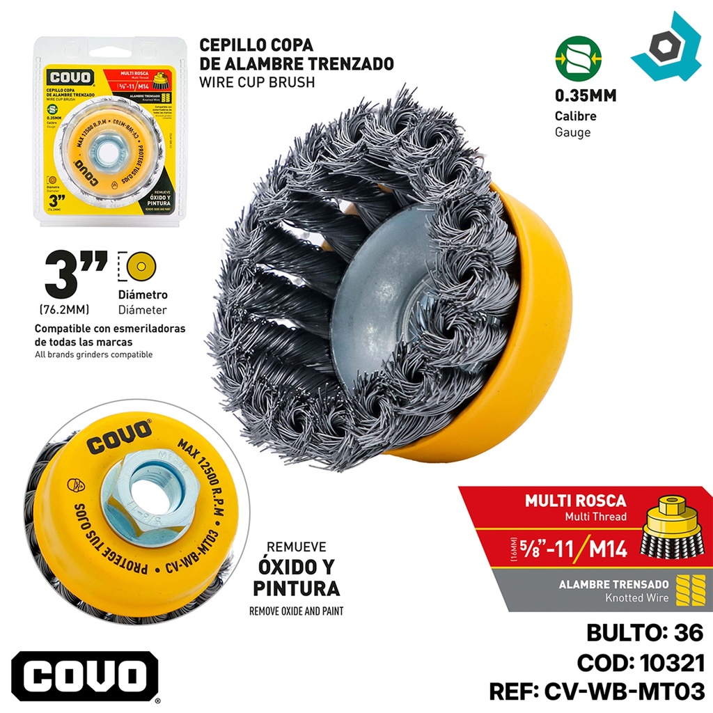 DISCO CEPILLO DE COPA DE ALAMBRE TRENSADO MULTIROSCA 3" X 5/8"-11 Y M14 COVO