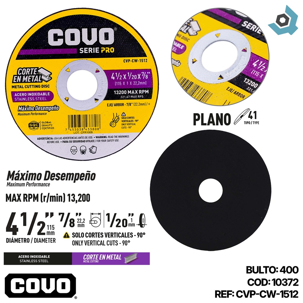 DISCO PARA CORTE EN METAL 4 1/2" FINO  COVO PRO