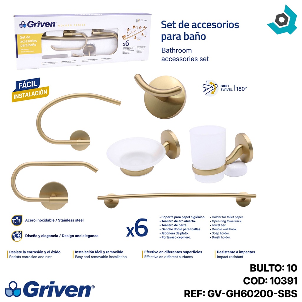 JUEGO DE ACCESORIOS DE BANO 6 PIEZAS DORADO GRIVEN GOLDEN
