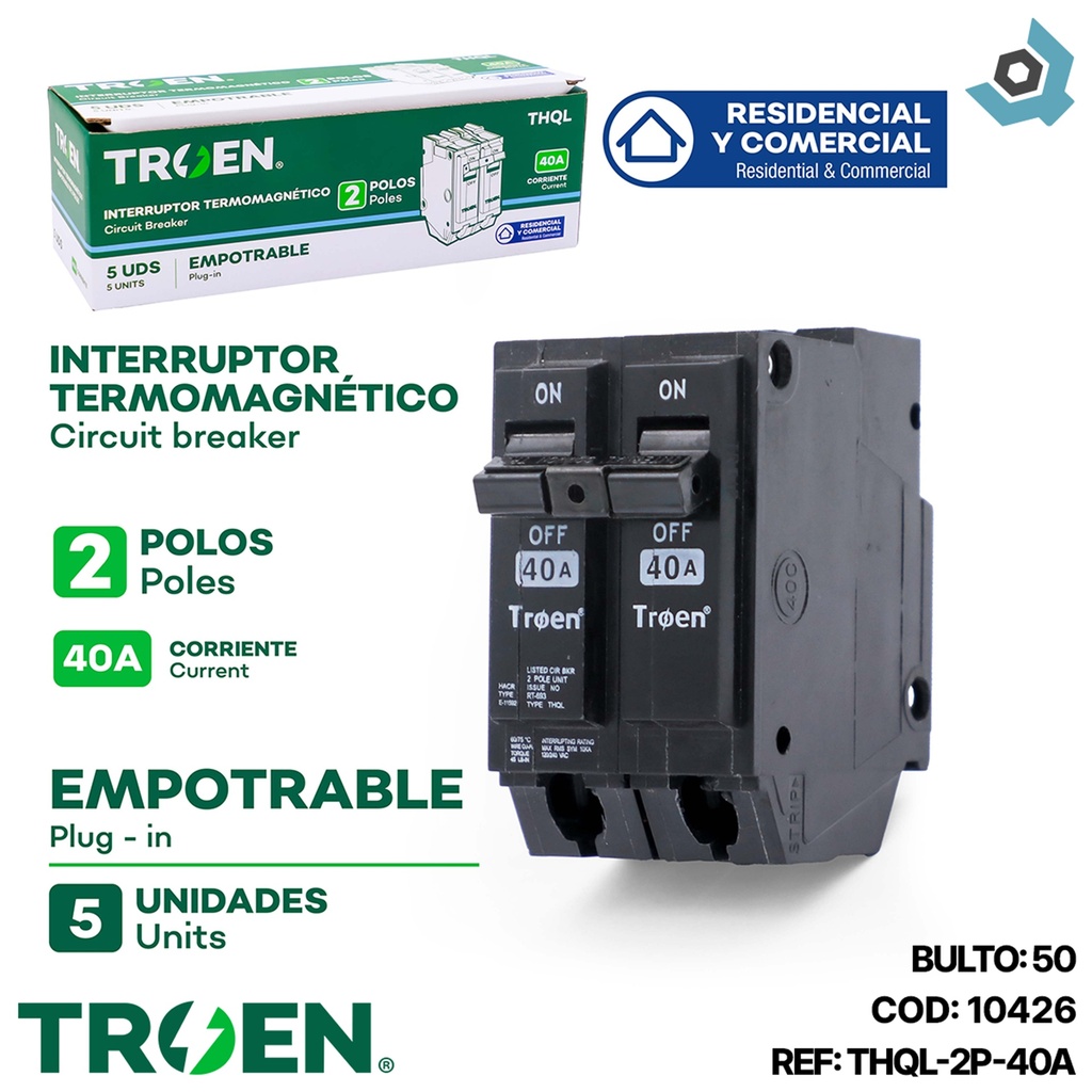 BREAKER PARA EMPOTRAR 2P X 40AMP TROEN