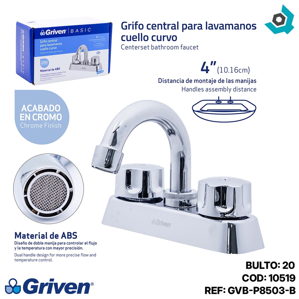 GRIFO CENTRAL PARA LAVAMANOS CUELLO CURVO GRIVEN BASIC