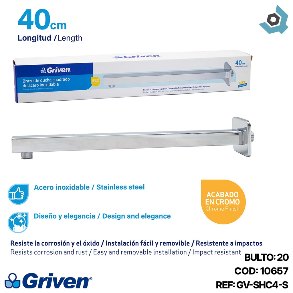 BRAZO DE DUCHA CUADRADO 40CM CROMADO GRIVEN