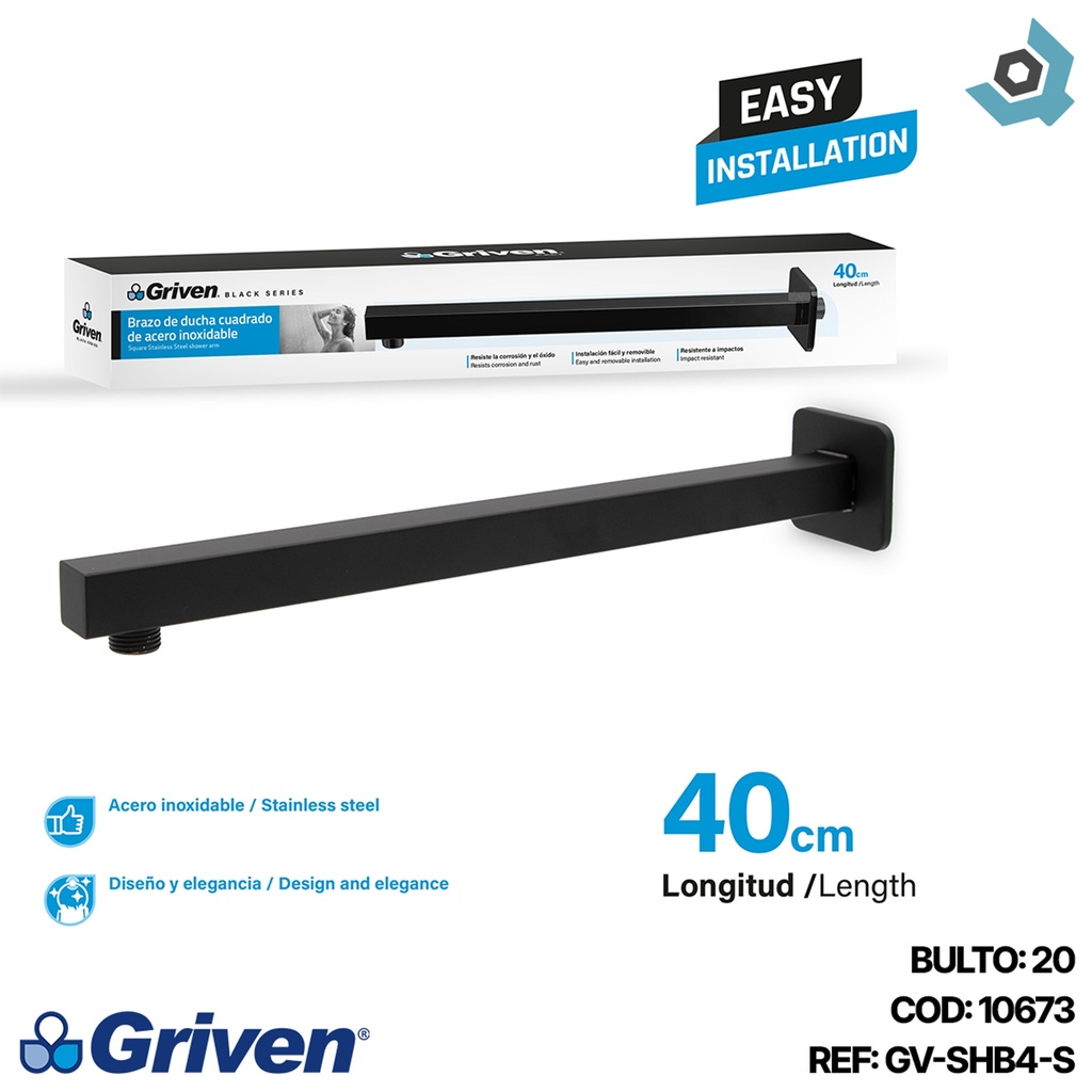 BRAZO DE DUCHA CUADRADO 40CM GRIVEN BLACK