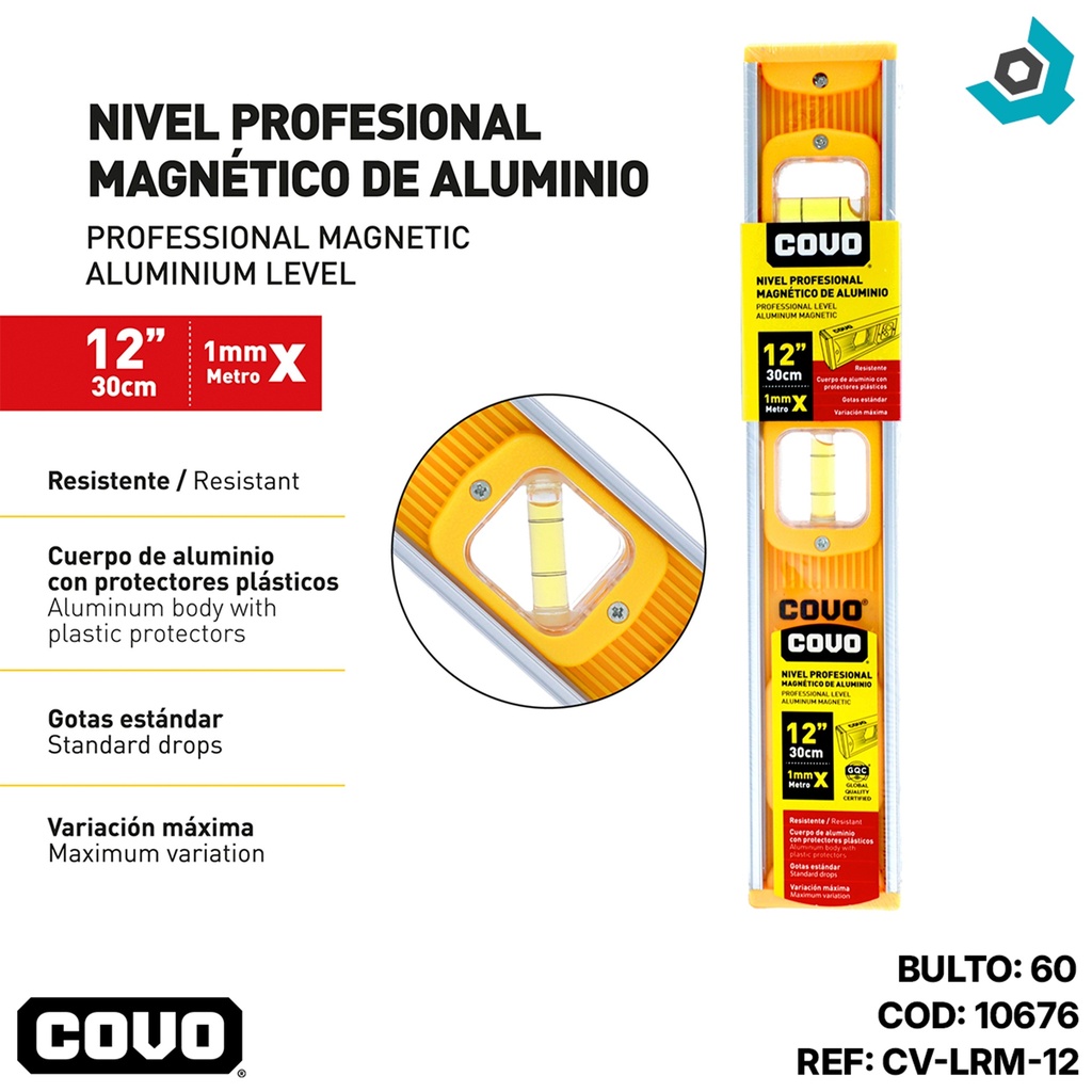 NIVEL PROFESIONAL MAGNETICO DE ALUMINIO 12" COVO