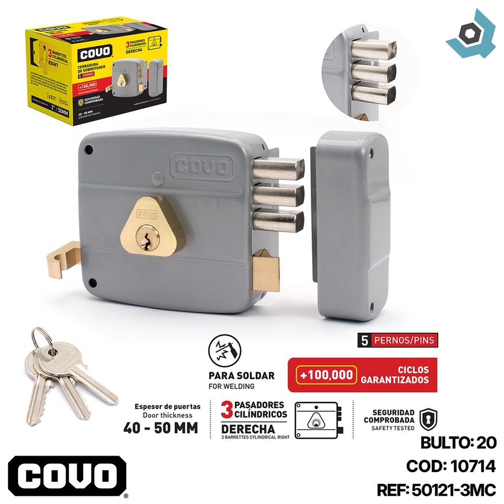 CERRADURA DE SOBREPONER DERECHA 3 PASADORES CILINDRICOS COVO