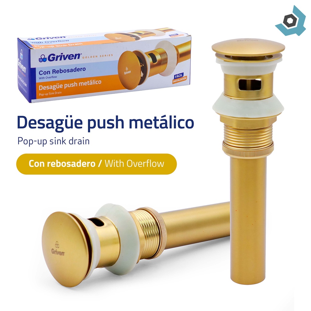DESAGUE PUSH METALICO CON REBOSADERO DORADO GRIVEN GOLDEN