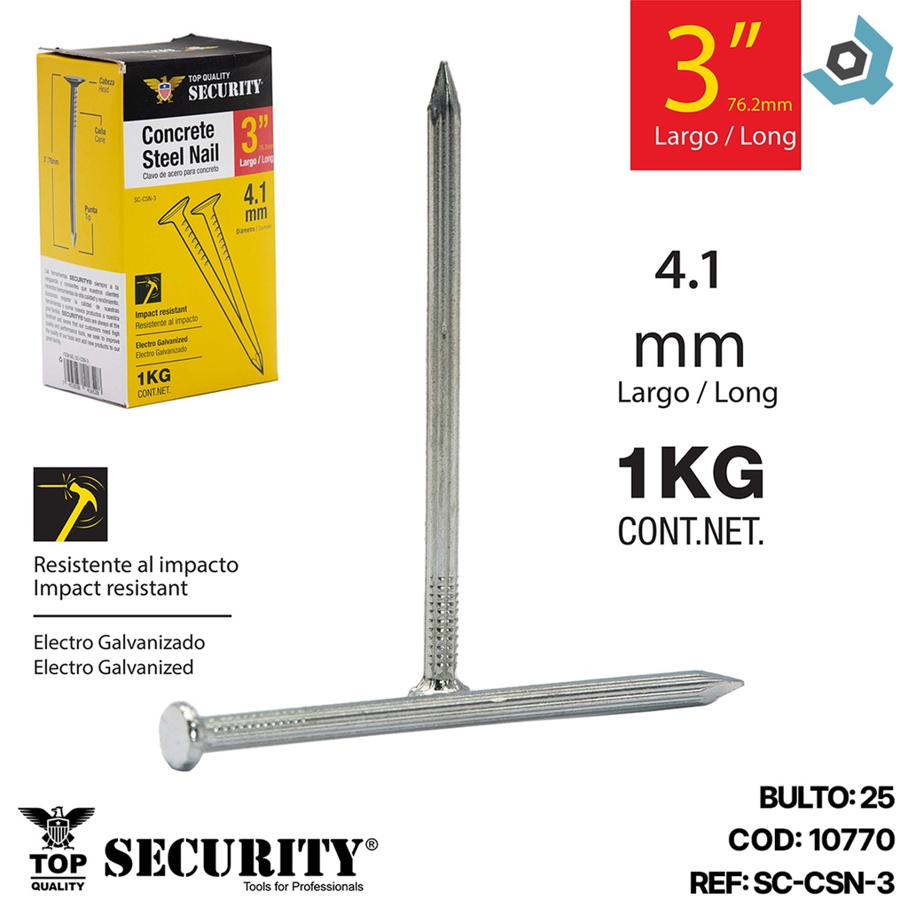 CLAVO DE ACERO PARA CONCRETO 3" SECURITY