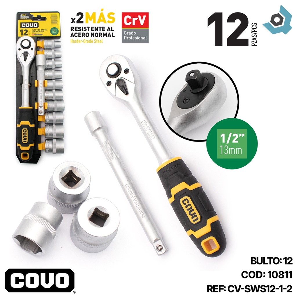 JUEGO DE DADOS CON RACHET 1/2" 12 PZA COVO