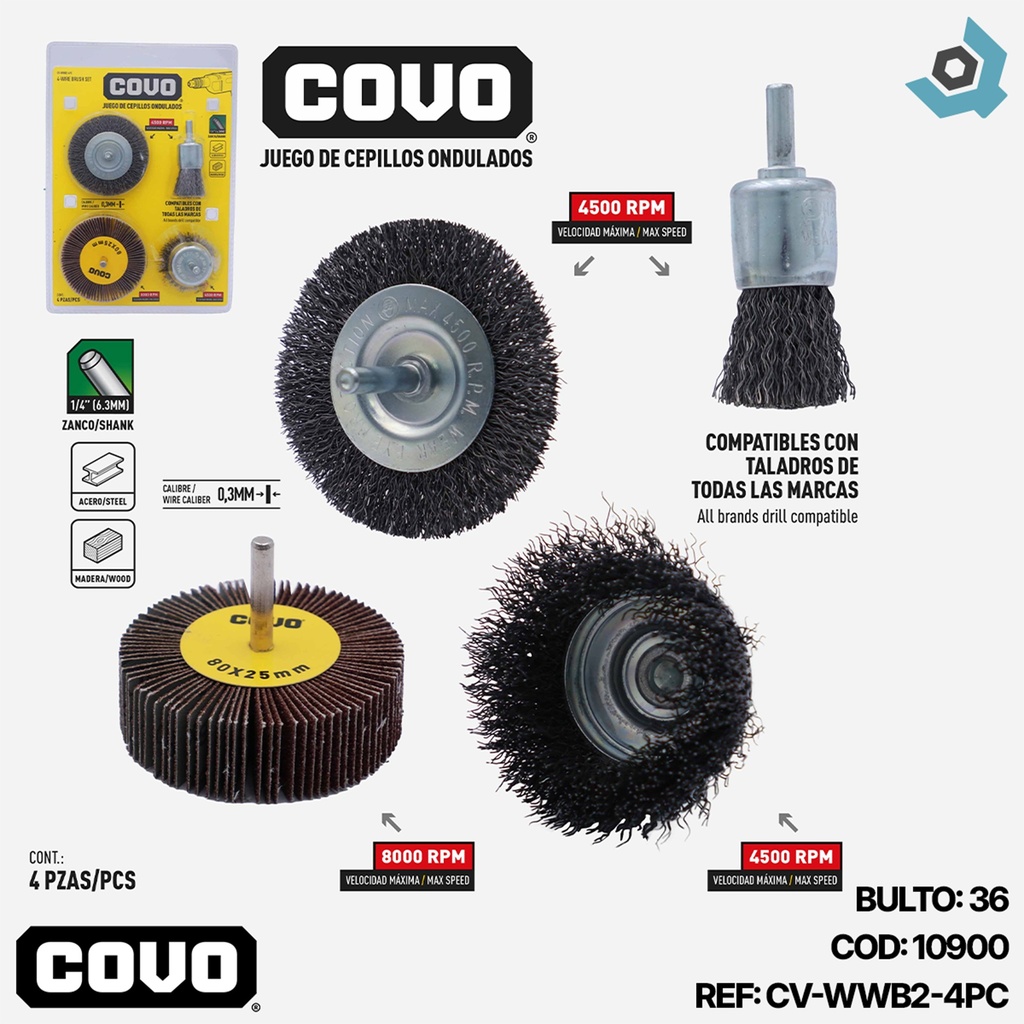 JUEGO DE CEPILLOS DE COPA DE ALAMBRE ONDULADO 4 PIEZAS COVO