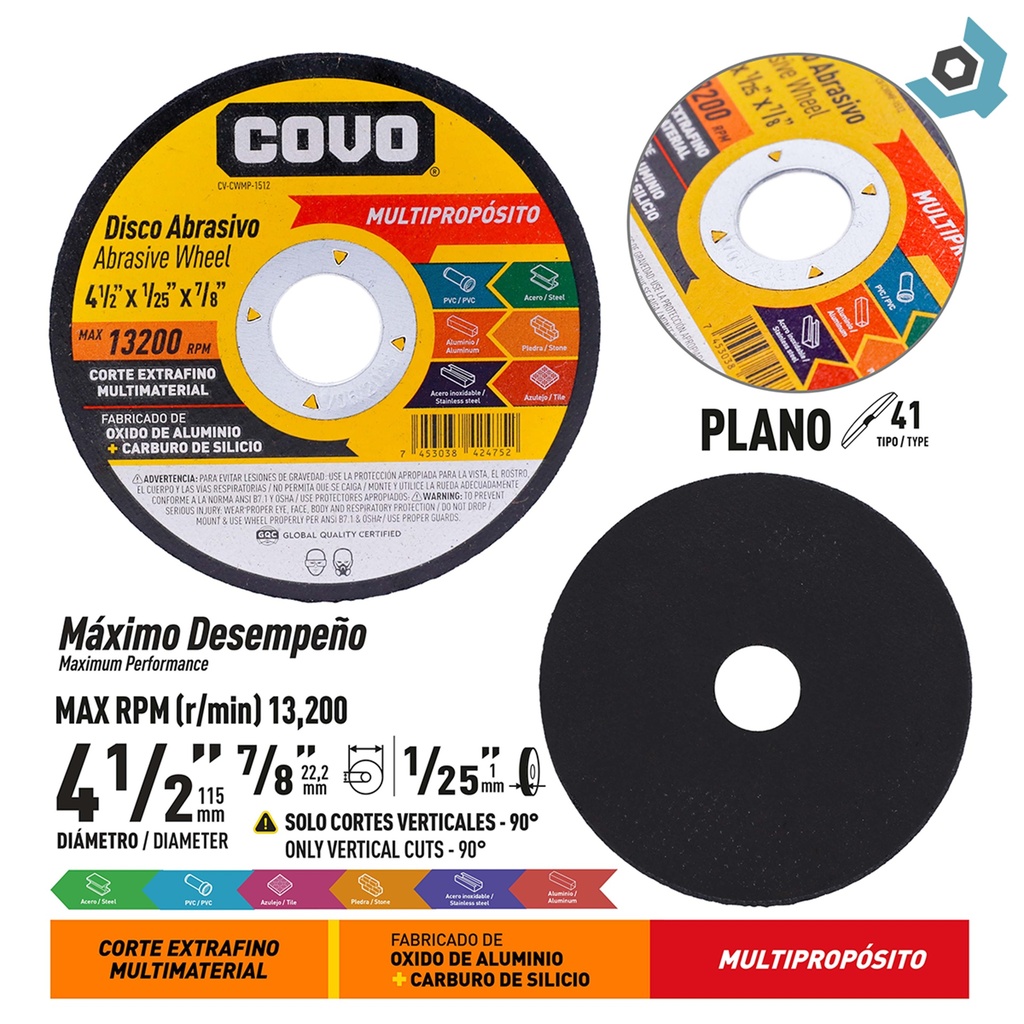 DISCO ABRASIVO MULTIPROPOSITO 4 1/2" COVO