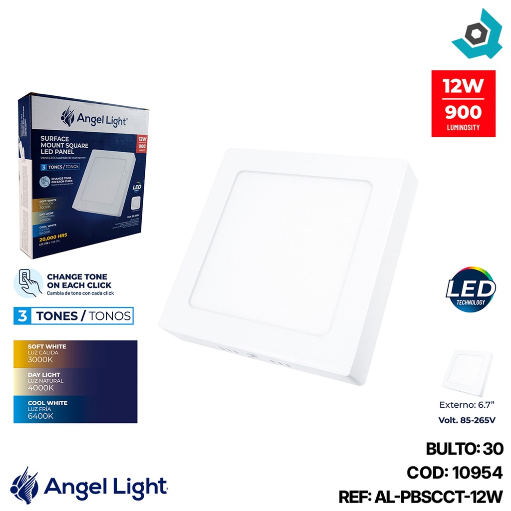 LAMPARA LED SUPERFICIAL CUADRADA 12W 3 TONOS ANGEL LIGHT