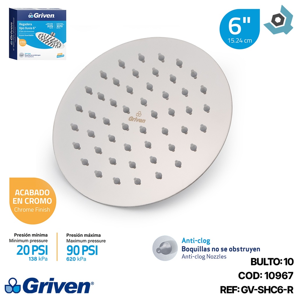 REGADERA PARA DUCHA TIPO LLUVIA REDONDA 6" CROMADA GRIVEN