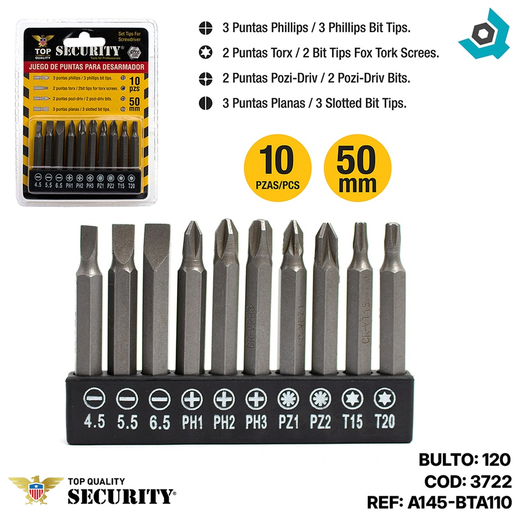 PUNTAS PARA TALADRO 10 PIEZAS SECURITY