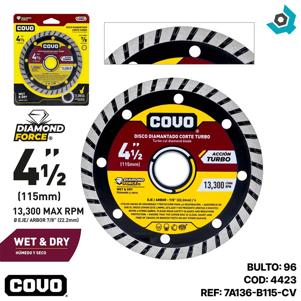 DISCO DIAMANTADO 4 1/2" DE CORTE TURBO COVO