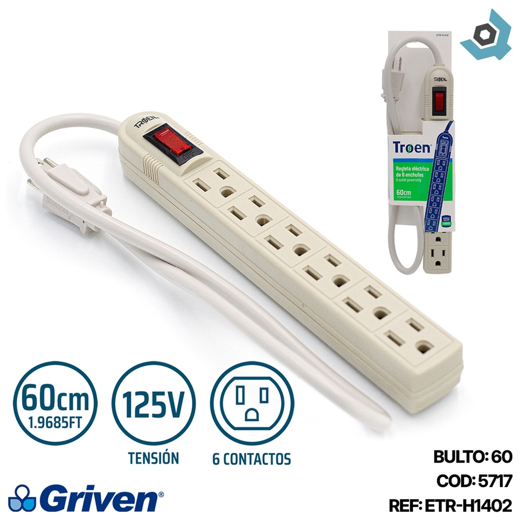 REGLETA ELECTRICA 6 TOMAS 60CM TROEN