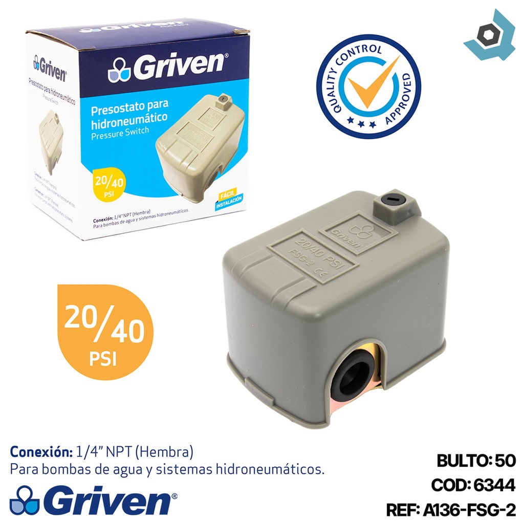 PRESOSTATO PARA HIDRONEUMATICO 20/40 PSI GRIVEN