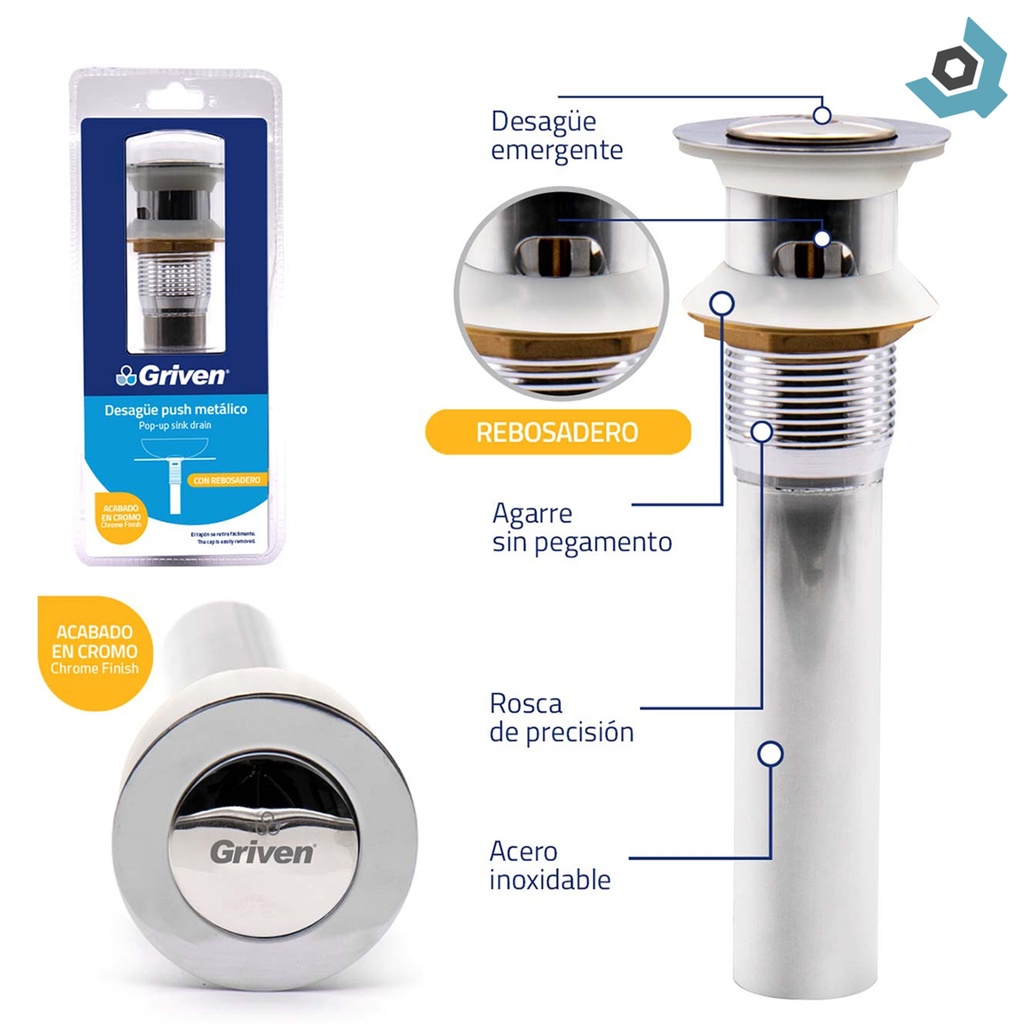 DESAGUE PARA LAVAMANOS 1 1/4" X 20CM PUSH PEQUENO GRIVEN