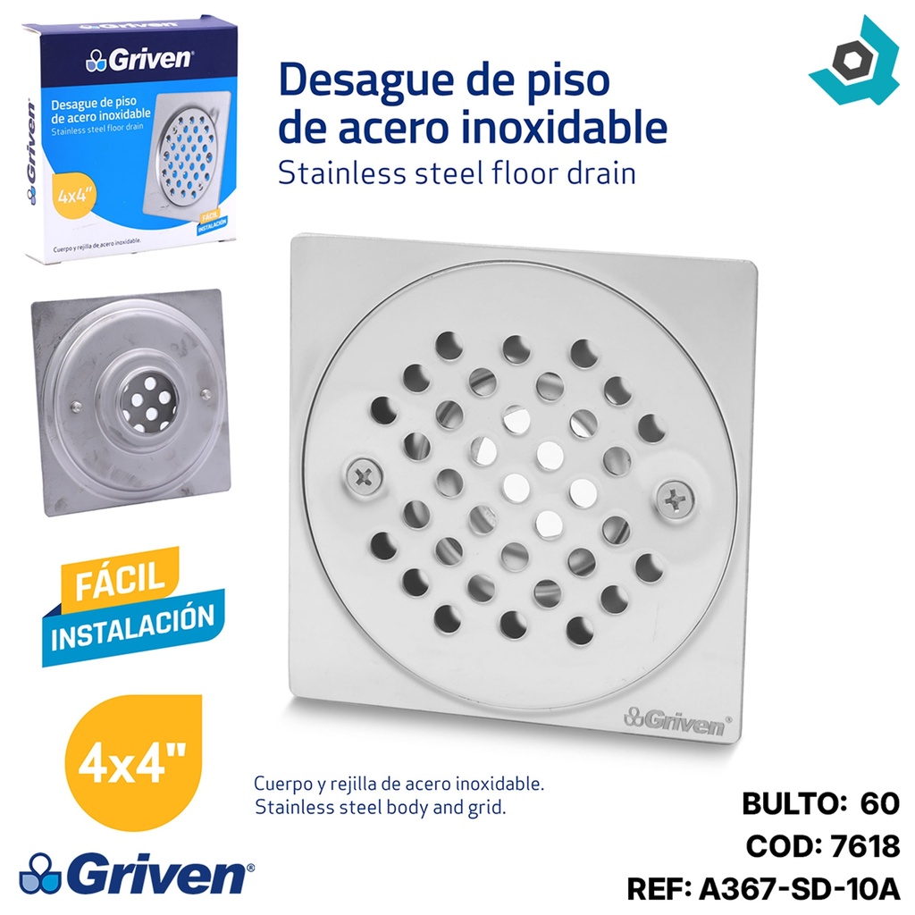 DESAGUE DE PISO 4" X 4" CON TAPA GRIVEN