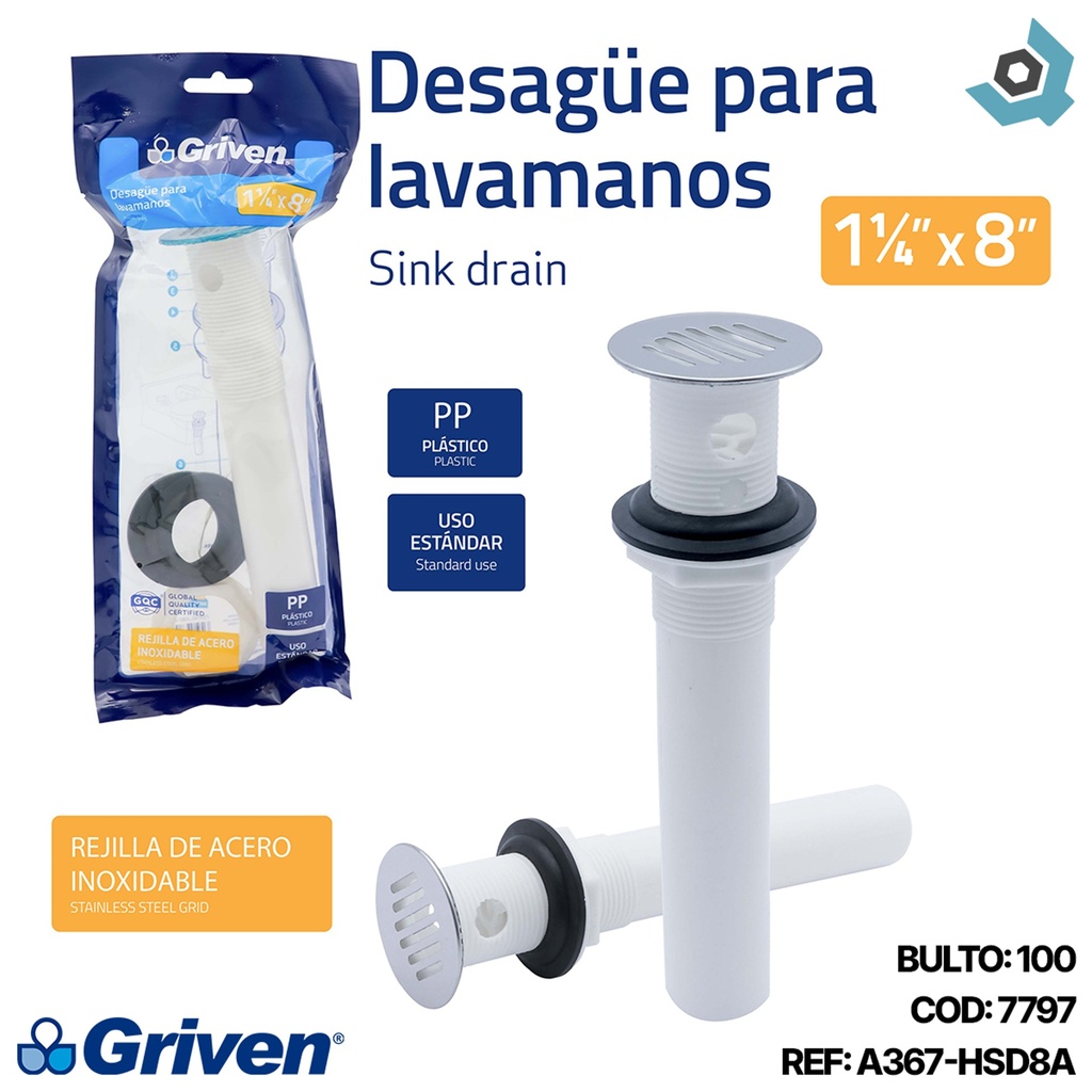 DESAGUE PARA LAVAMANOS 1 1/4" X 8" PVC GRIVEN