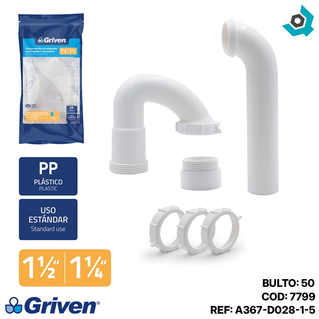 SIFON PARA FREGADERO O LAVAMANOS 1 1/2" - 1 1/4" GRIVEN
