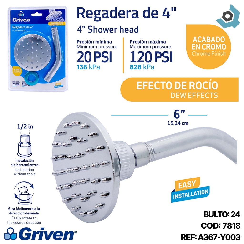 REGADERA PARA BANO 4" REDONDA CROMADA GRIVEN