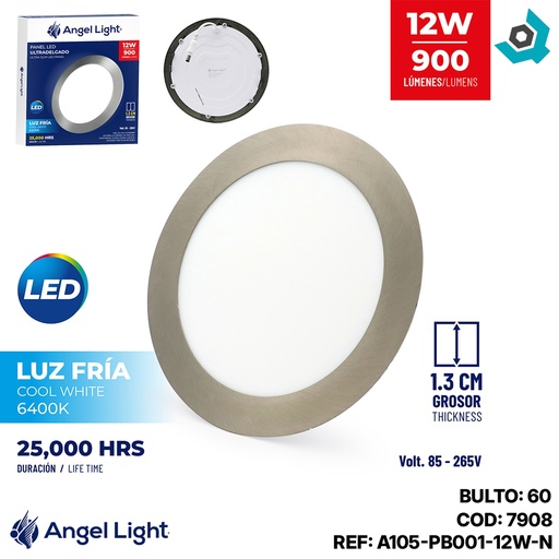 [7908] LAMPARA LED PARA EMPOTRAR REDONDA 12W NIQUELADA LUZ BLANCA ANGEL LIGHT