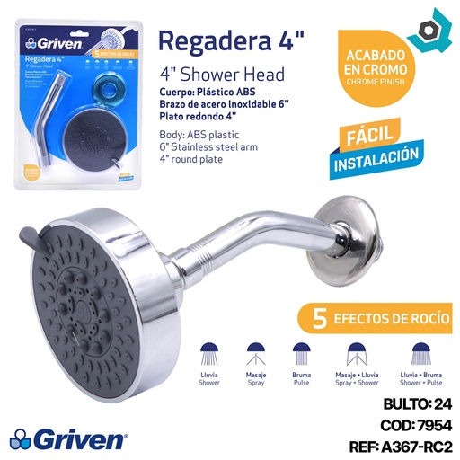 [7954] REGADERA PARA BANO 4" AJUSTABLE GRIVEN
