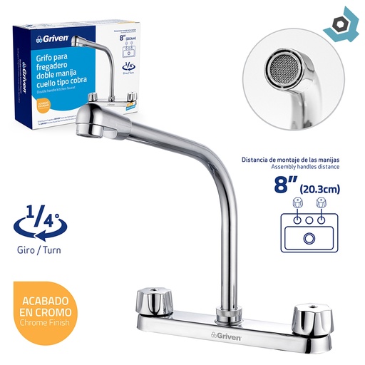 [8097] GRIFERIA PARA FREGADERO 8" CUELLO DE COBRA GRIVEN