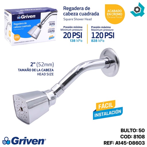 [8108] REGADERA PARA BANO 2" CABEZA CUADRADA GRIVEN