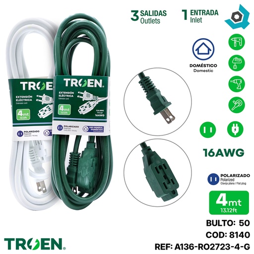 [8140] EXTENSION ELECTRICA 13.12FT 3 TOMAS TROEN