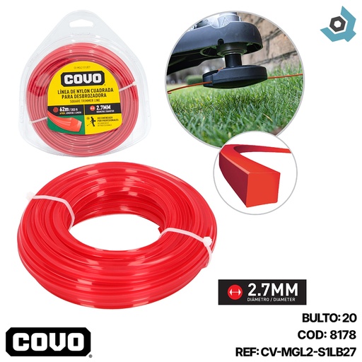 [8178] NYLON CUADRADO PARA DESMALEZADORA 62MT X 2.7MM COVO