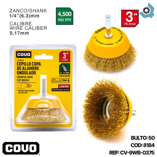 [8184] DISCO CEPILLO COPA DE ALAMBRE 3" X 1/4" COVO