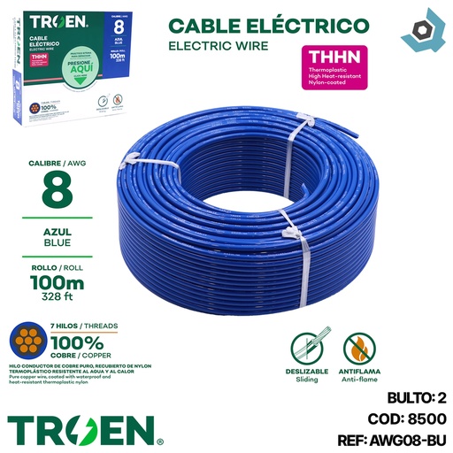 [8500] CABLE ELECTRICO 8 AWG AZUL 7 HILOS TROEN