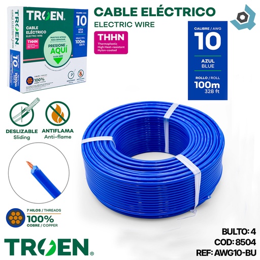 [8504] CABLE ELECTRICO 10 AWG AZUL 7 HILOS TROEN
