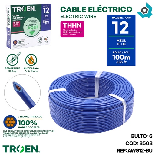 [8508] CABLE ELECTRICO 12 AWG AZUL 7 HILOS TROEN
