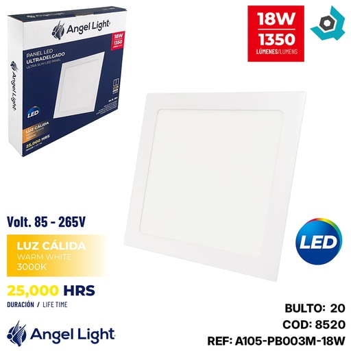 [8520] LAMPARA LED PARA EMPOTRAR CUADRADA 18W 8.7" LUZ CALIDA ANGEL LIGHT