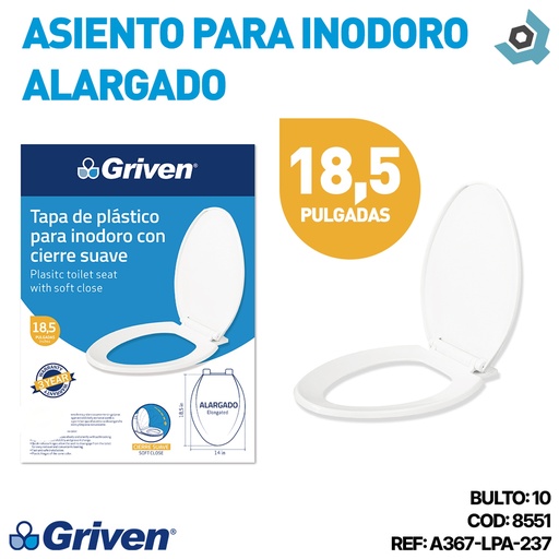 [8551] ASIENTO PARA INODORO 18.5" CIERRE SUAVE ALARGADO GRIVEN