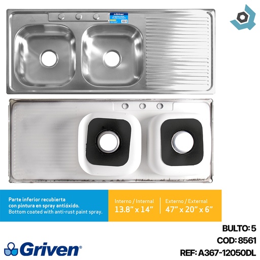 [8561] FREGADERO DOBLE 39 X 53 CM CON ESCURRIDOR GRIVEN