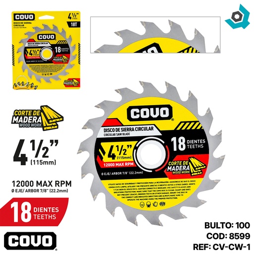 [8599] DISCO DE SIERRA 4.5" PARA MADERA COVO