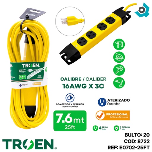 [8722] EXTENSION ELECTRICA 25FT 4 TOMAS TROEN