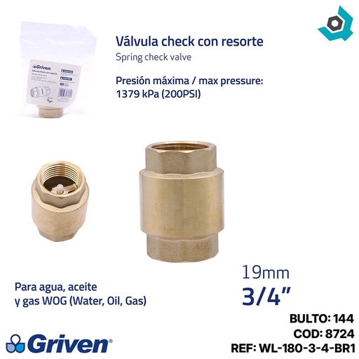 [8724] CHEQUE 3/4" DE BRONCE SIN CANAL GRIVEN